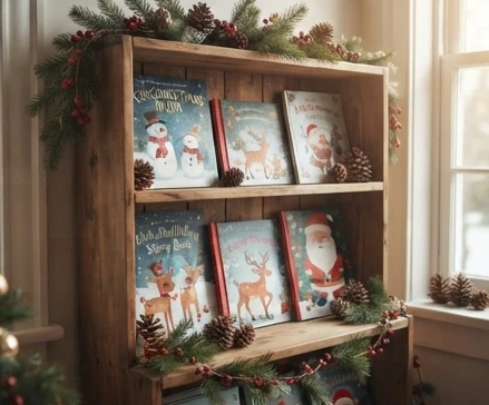 Collection of different Claude Christmas books and holiday reading choices on a cozy shelf