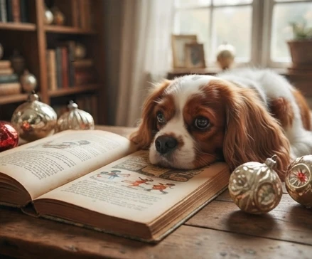 Children's holiday book concept with a dog character representing Claude the Dog: A Christmas Story and friendship themes