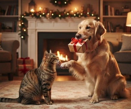 Claude the Dog and Bummer friendship concept shown through a warm Christmas gift exchange scene