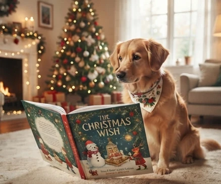 Warm holiday scene featuring Claude the dog a christmas story with a gentle canine character and festive family reading atmosphere