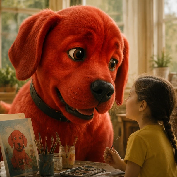 Clifford the Big Red Dog story origins represented by a giant red dog character and young girl in a creative setting