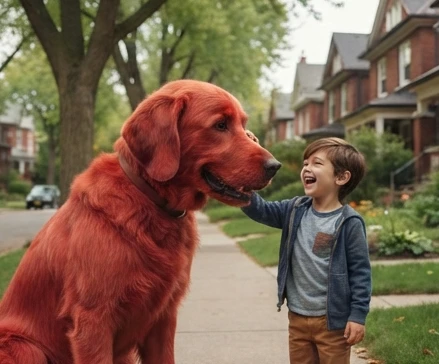 Giant red dog beside a child showing the caring relationship central to the story of Clifford the Big Red Dog