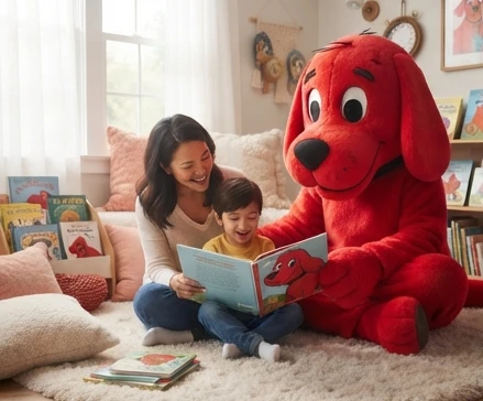 Clifford the Big Red Dog bedtime story theme shown through a child-friendly friendship scene with a giant red dog character
