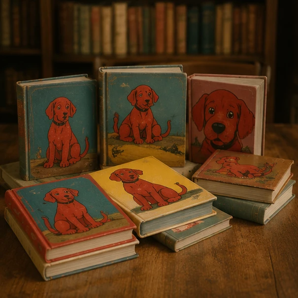 Clifford the Big Red Dog story books arranged as a historical publishing collection on a wooden surface