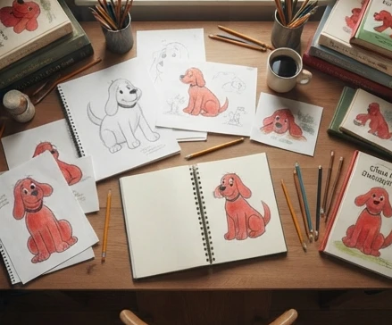 Creative desk scene with sketches of a giant red dog concept and children's book development materials