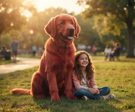 Child and giant red dog sharing a caring moment that represents friendship and acceptance themes
