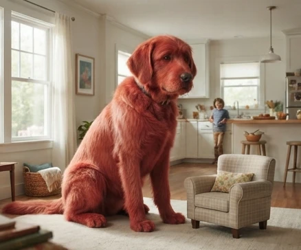 Large red dog character concept showing oversized size, friendly expression, and recognizable visual features