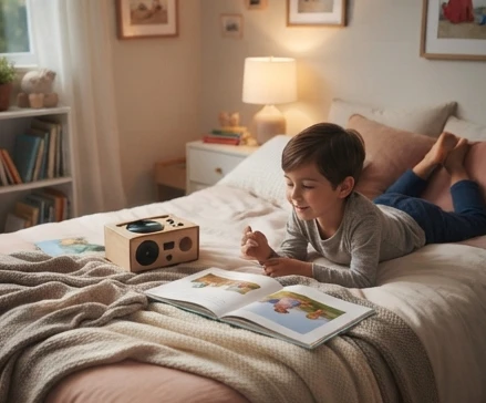 Clifford story formats represented by a print book, audio listening setup, and calm viewing environment