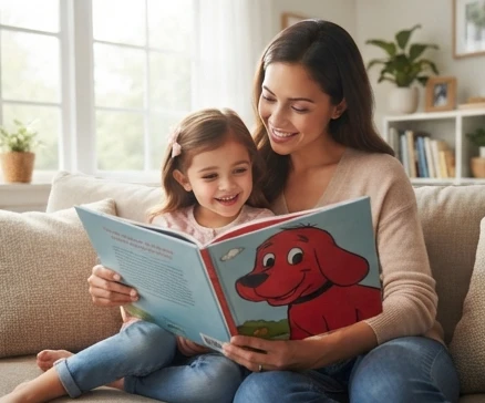 Clifford the Big Red Dog bedtime story with a child enjoying a calm shared reading moment with a caregiver