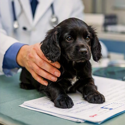 Working Cocker Spaniel health screening documents beside a puppy and veterinary setting