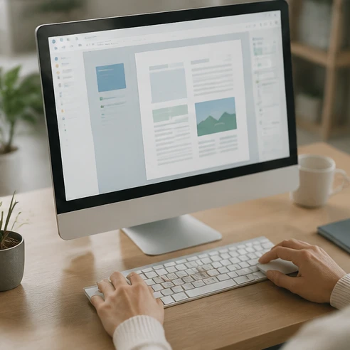 Hands creating a reusable document layout on a computer for future template-based work