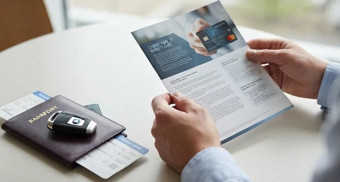 Traveler reviewing credit card rental insurance benefits before picking up vehicle