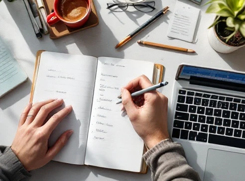 A person solving a crossword puzzle with a pen, counting letters in a grid row closely, focused editorial style