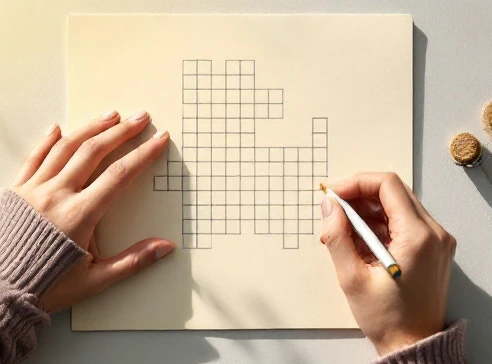 A filled crossword grid showing intersecting letters and words written in pencil, clean top-down view