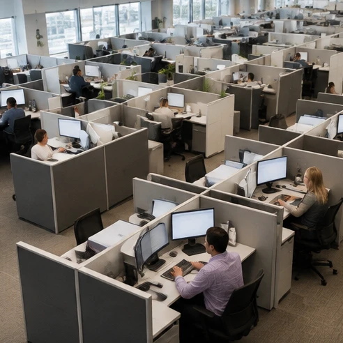 Cube farm office slang concept shown with rows of cubicles and employees working in a modern workplace