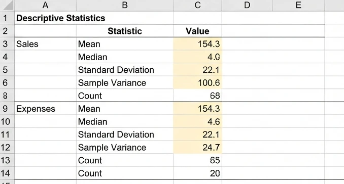 Descriptive Statistics output table in Excel