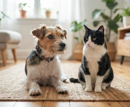 Dog and cat stories represented by distinct pet characters showing different personalities and friendly interaction