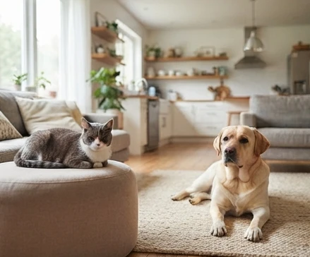 Dog and cat living together calmly while showing gradual trust and comfortable shared space