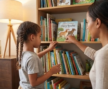 Children choosing dog and cat stories from illustrated books for different reading goals