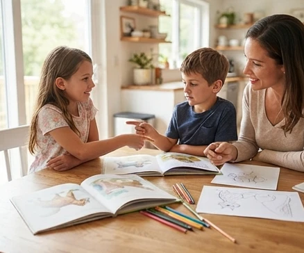Dog and cat stories used in a children's discussion activity about feelings and choices