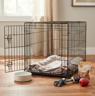 A well-prepared puppy setup featuring a clean crate, water bowl, and chew toys arranged on a wooden floor