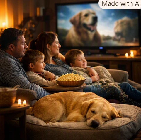 Family watching a dog story movie together with a loyal dog beside them in a cozy home setting