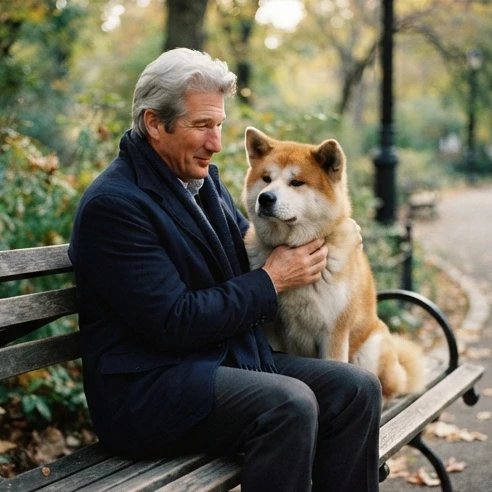 Richard Gere and an Akita dog in a heartwarming scene from Hachi: A Dog's Tale