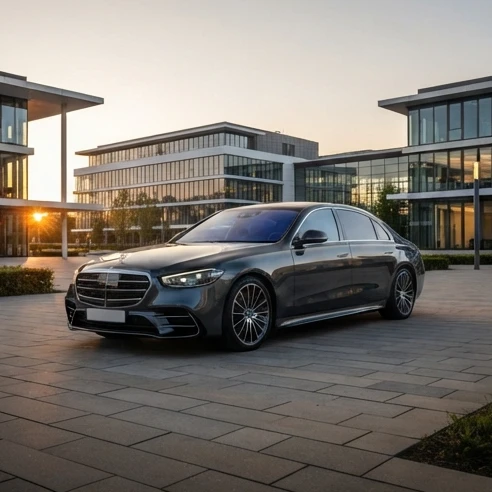 Sleek modern luxury sedan parked outside a modern executive building under warm evening light representing e and s luxury car rental