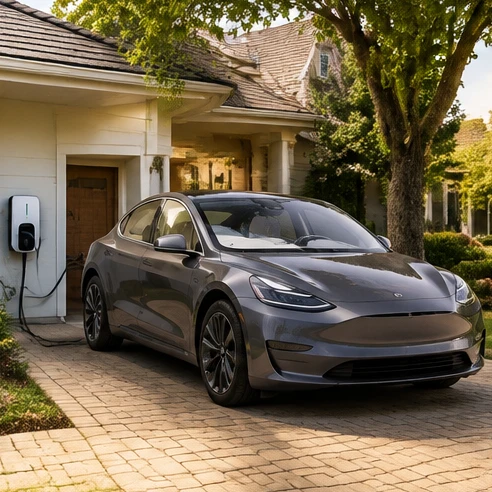 Modern e vehicles parked with charging equipment in a clean residential setting showing everyday electric mobility