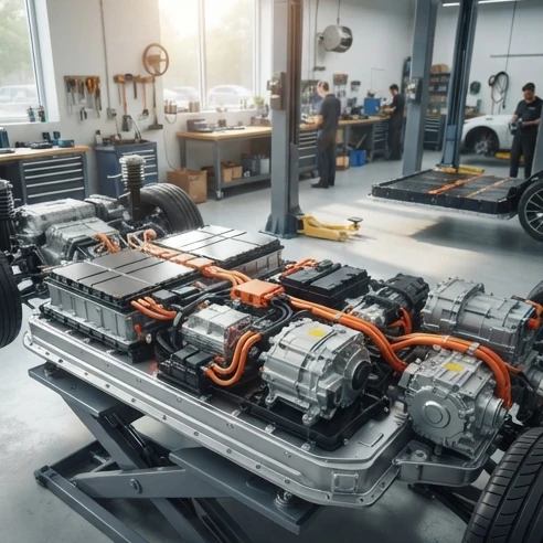 Electric cars battery pack technology shown beneath a vehicle with modern EV components in focus