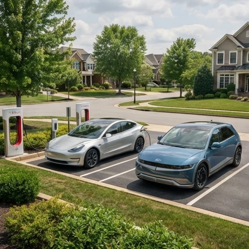 Modern electric cars parked with charging stations in a clean outdoor setting showing EV technology and everyday mobility