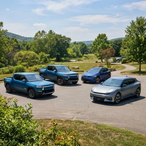 Electric cars lineup representing different vehicle sizes and driving ranges for buyer comparison