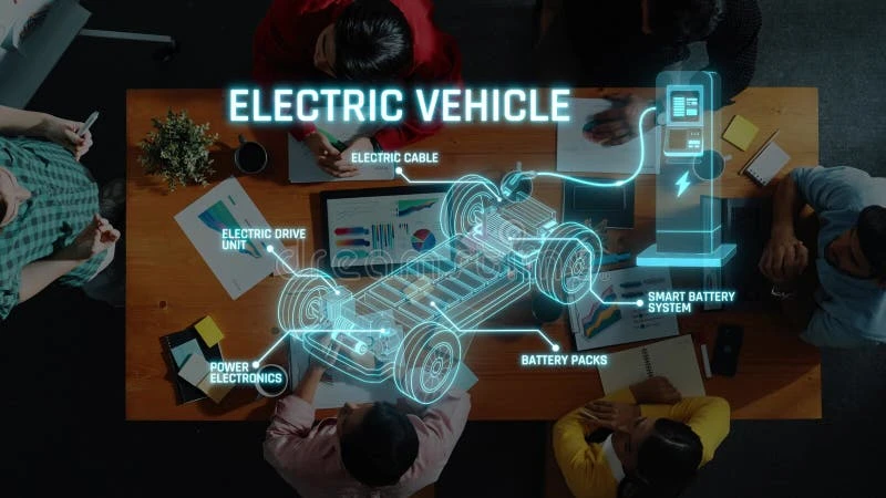 Electric SUV battery pack and front motor technology shown in a clean automotive engineering setting
