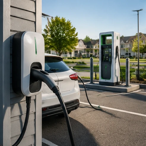 Electric vehicle connected to home Level 2 charger and public fast charger environment