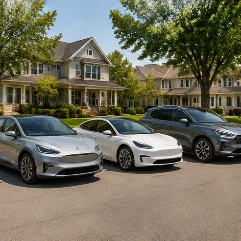 Electric SUVs and sedans representing different electric vehicle choices for families