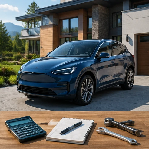 Electric vehicle ownership expenses represented through charging, maintenance, and savings concepts