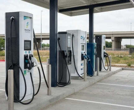 Electric vehicle charging equipment showing different charger sizes and power options in a realistic setting