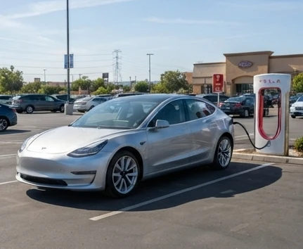 Modern EV station with electric vehicle connected for reliable charging access and daily driving needs