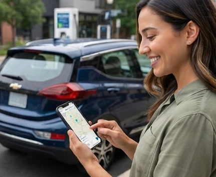 Driver checking an EV station map with charger locations and availability details on a smartphone