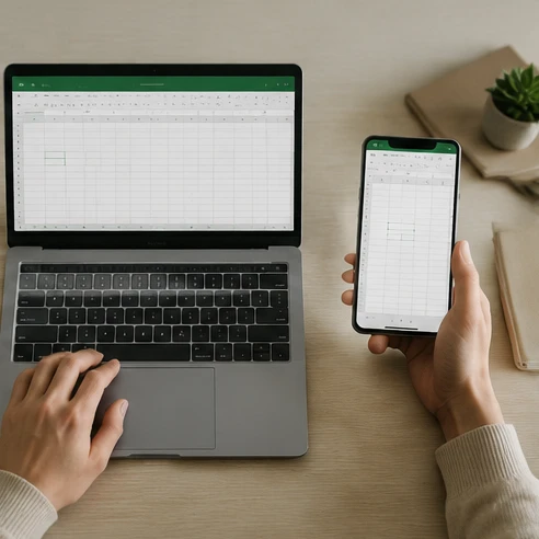 Hands comparing laptop and phone screens while deciding how to download excel office 365 for the right device