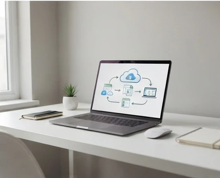 Laptop workspace showing concepts of temporary recovery and cloud saving methods for spreadsheet files