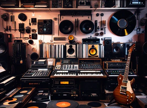 Crossover thrash band album history represented with vinyl records and studio gear