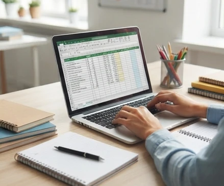 Hands creating a beginner Excel classroom worksheet with organized rows columns and student data structure