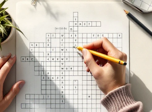 A crossword puzzle grid with a pencil and dictionary, highlighting a filled-in word like surpass, clean minimalist desk background, editorial tech and education photography style