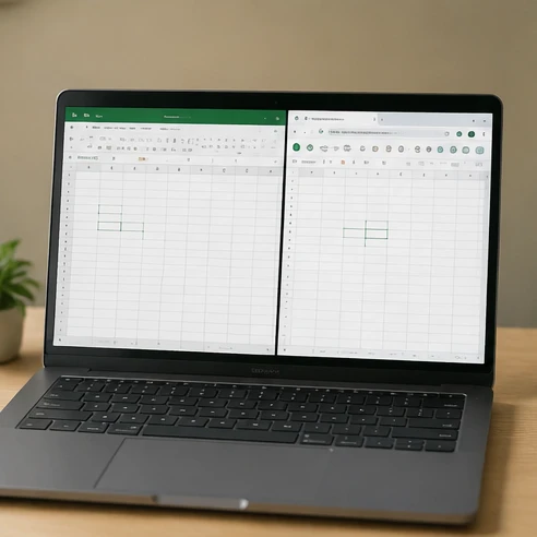 Split screen comparing the Excel desktop app and Excel for the web on the same laptop