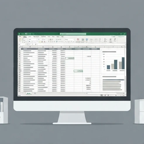 A modern spreadsheet screen displaying Excel formulas and conditional formatting for data analysis, clean professional design