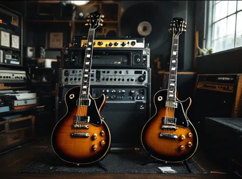 Crossover thrash guitar riff comparison setup with instruments and recording equipment