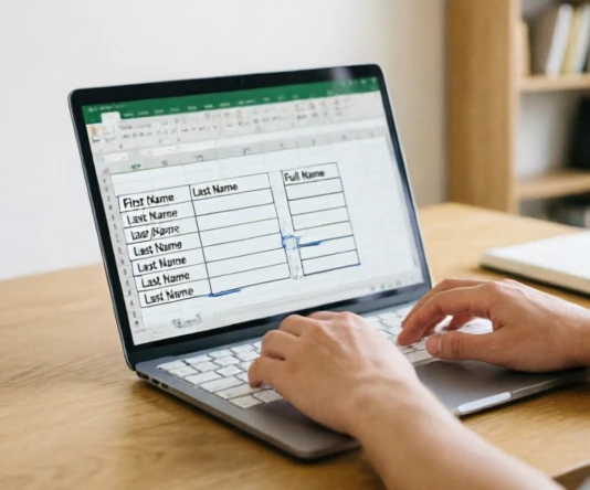 Hands using a laptop to apply Flash Fill for automatic name formatting in Excel