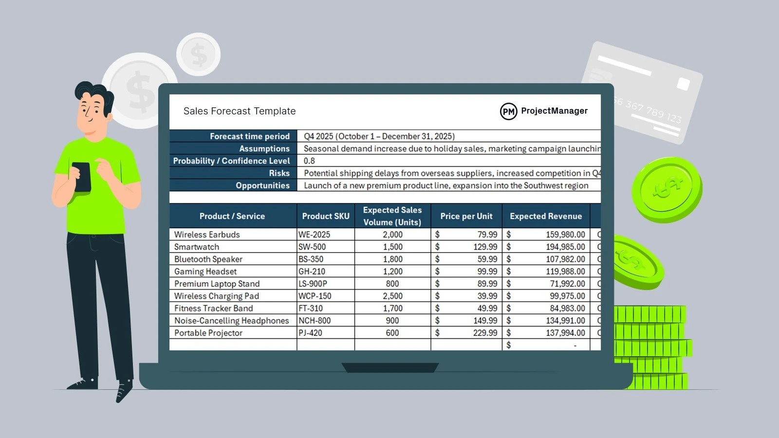Hands entering business assumptions into a financial forecast workbook with planning data