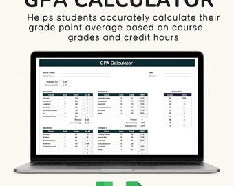 Excel GPA calculator workbook displaying course grades, credit hours, grade points, and GPA results in a clean academic spreadsheet layout